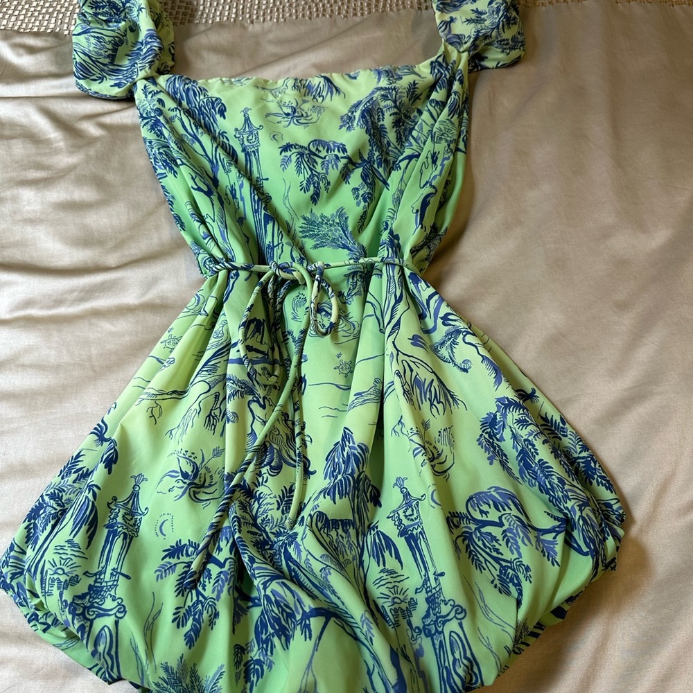 STAUD Feminine off-the-shoulder green and blue belted bubble dress Size 4